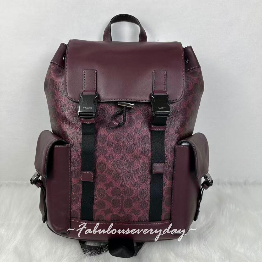 COACH MEN'S Clark Backpack In Signature Canvas Gunmetal Black Currant CCF90